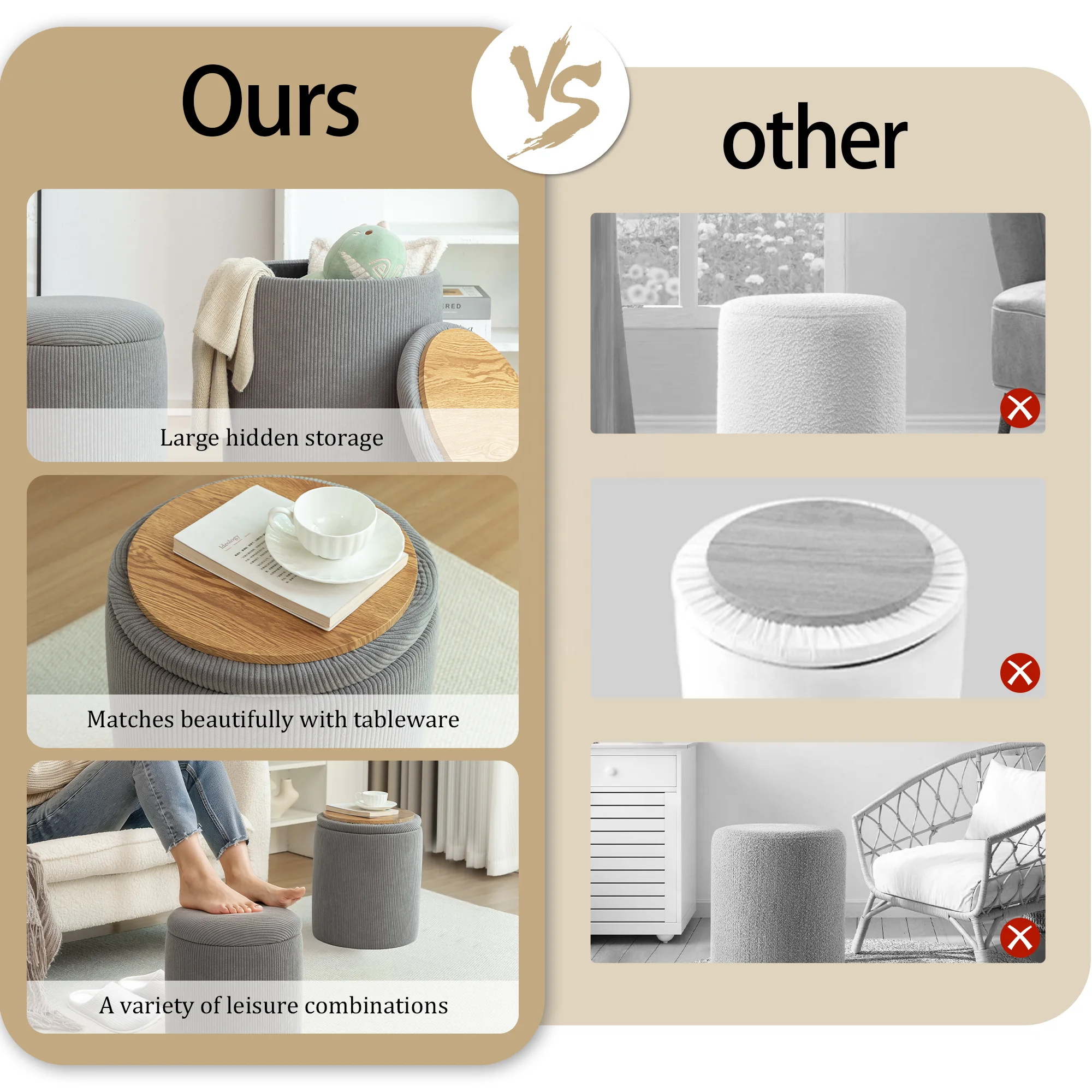 New Arrival Fashion Custom Round Nesting doll bucket chair Storage Ottoman Footstool Chair Velvet Corduroy Ottoman Set of 2 pouf