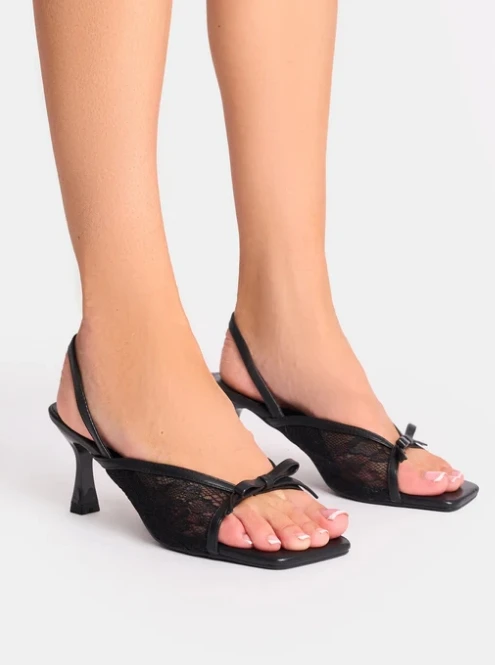 Women White Lace Detail Slingback Mid Heels Sandal shoes Ladies Square toe high heel sandals Lace Sexy mesh sandals shoes
