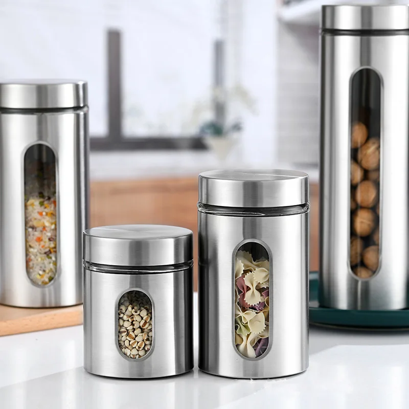 Top Grade Stainless Steel Visual Glass Coffee Beans Grains Storage Jar Glass Storage Containers
