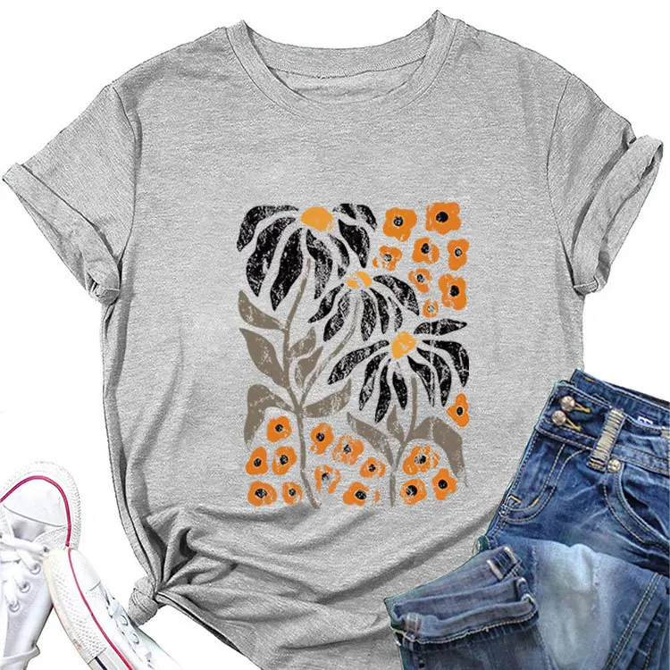 High Quality Summer Holiday Vocation Plant Prints Short Sleeves Cotton Spandex Fabric Scoop Neck Oversized T-Shirt