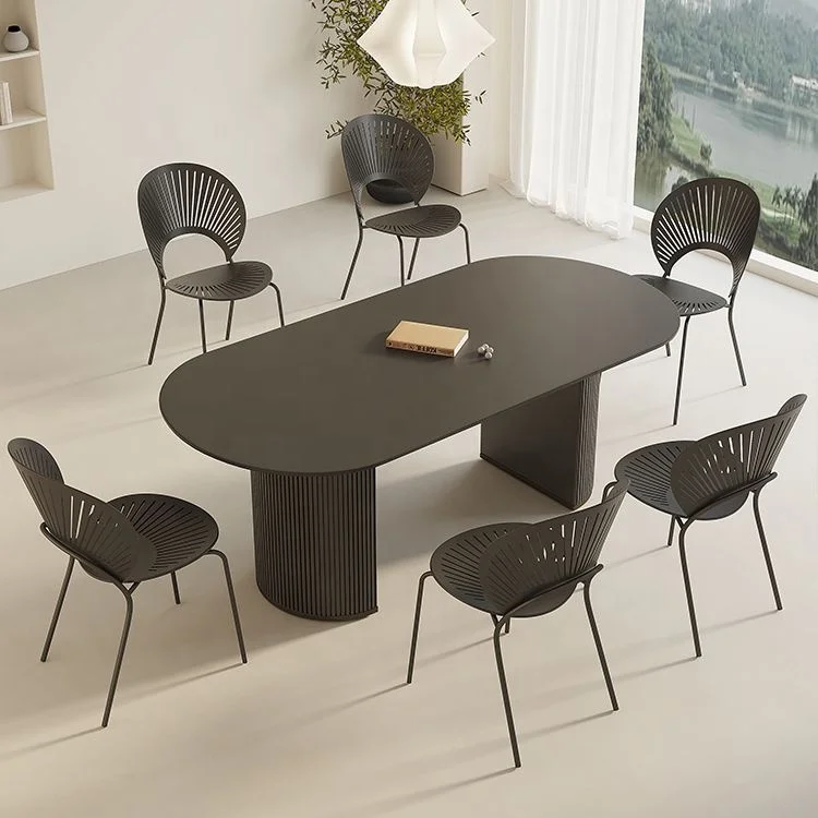 Atunus Nordic Minimalist White MDF Solid Wood Dining Table Dining Table Contemporary Industrial 4-8 Seater Oval Dinner Table