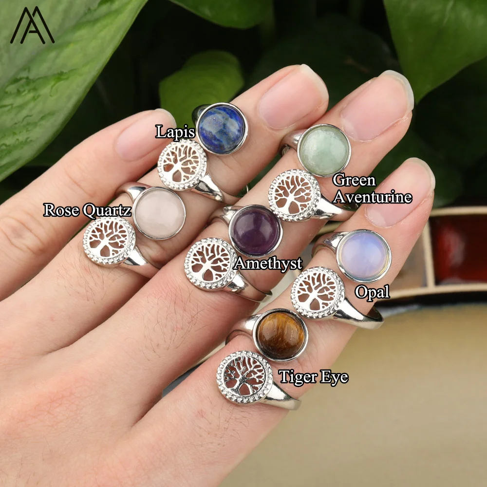 Silver Ring , Round Beads , Gemstone Crystal , Tree of Life , Reiki Chakra Jewelry