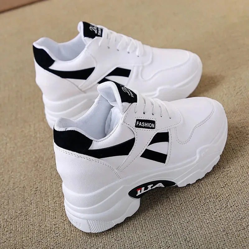 Inner increase small white shoes female spring leather casual sports shoes new muffin thick soled daddy shoes