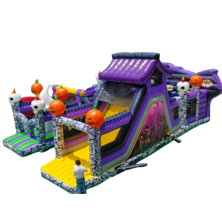 High quality ghost pumpkin carriage  inflatable obstacle course  roof halloween bouncy obstacle house race game for sale