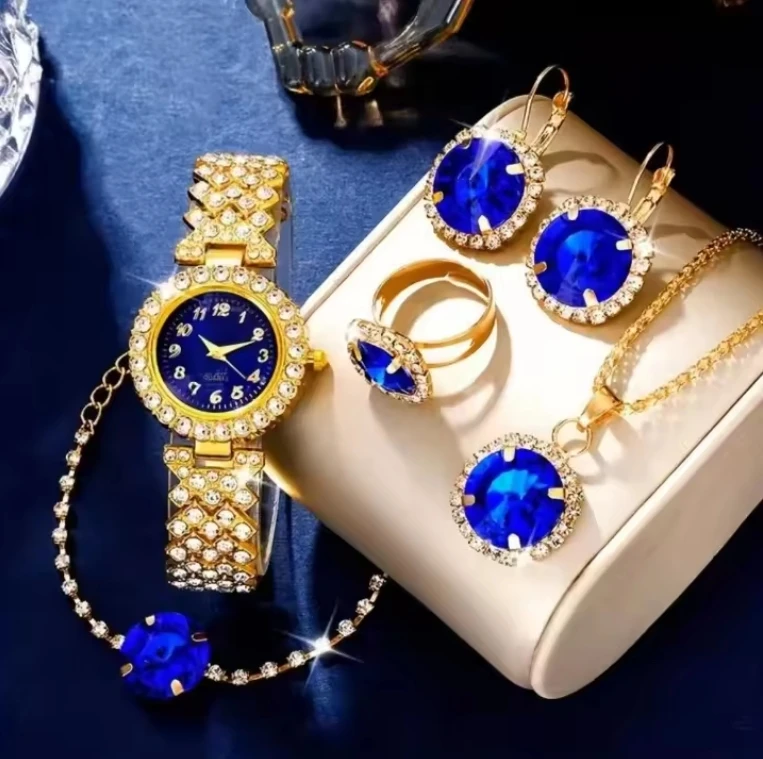 NJC Fashion Analog Wrist Watch & 5pcs Jewelry Set Stylish Rhinestone iced out watches set Gift For Women