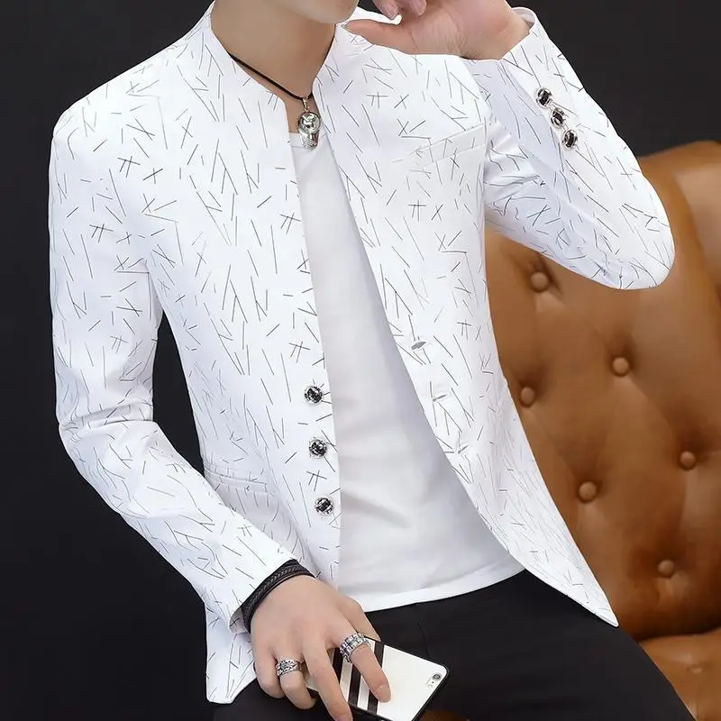 2021 new casual one-neck blazer, youthful and handsome, trendy slim printed blazer for men