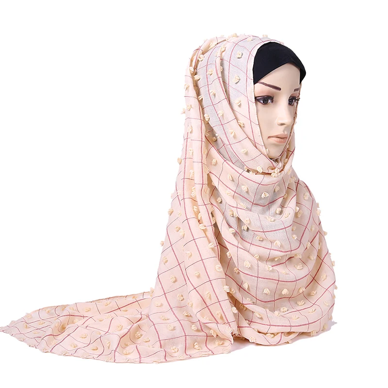 Dubai Grid Cotton Scarf Hijab New Shade Collection Fuzzy Ball Cotton Hijab Shawl