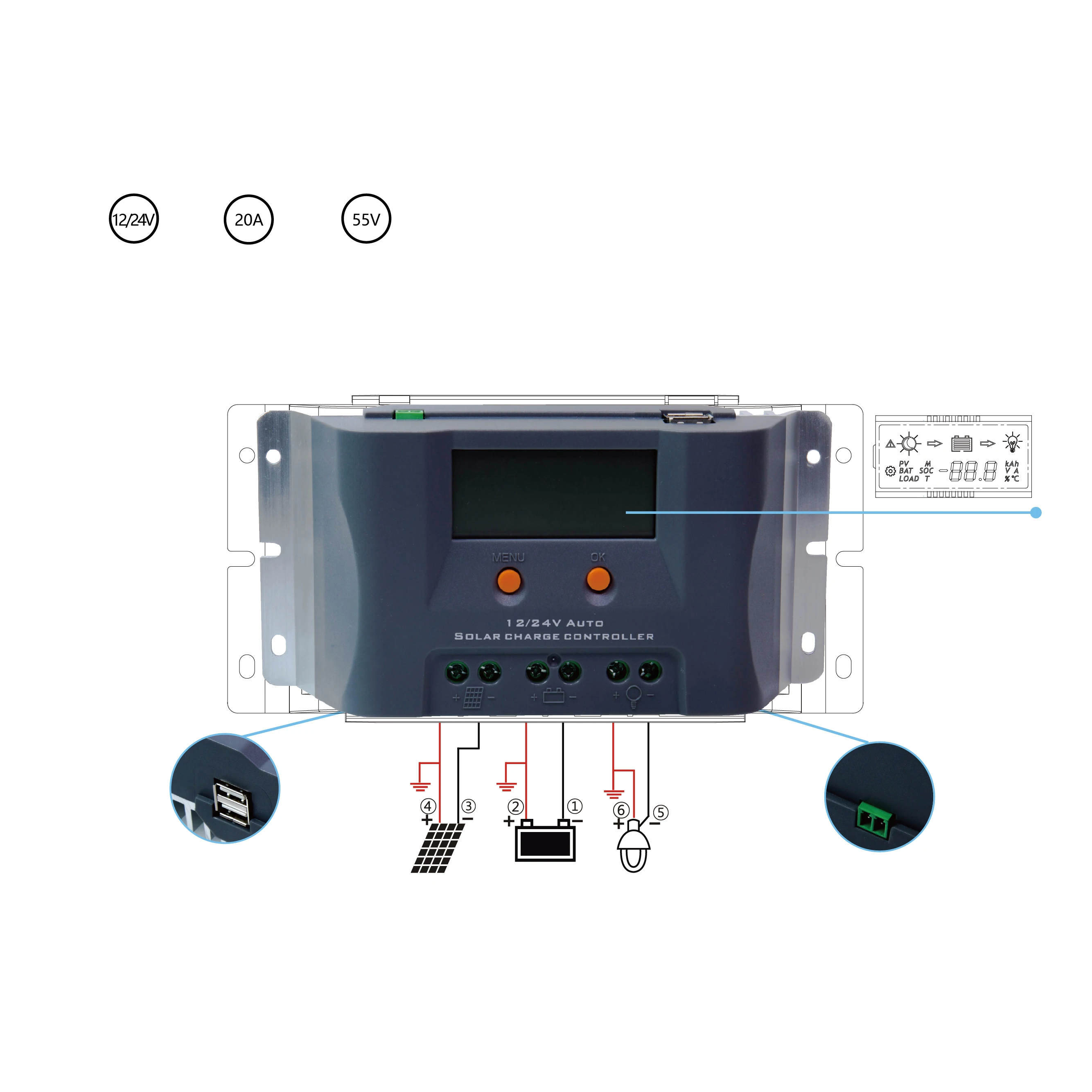 Lumiax 20A 12V 24V USB Solar Power System Home Manual PWM Solar  Charge Controller