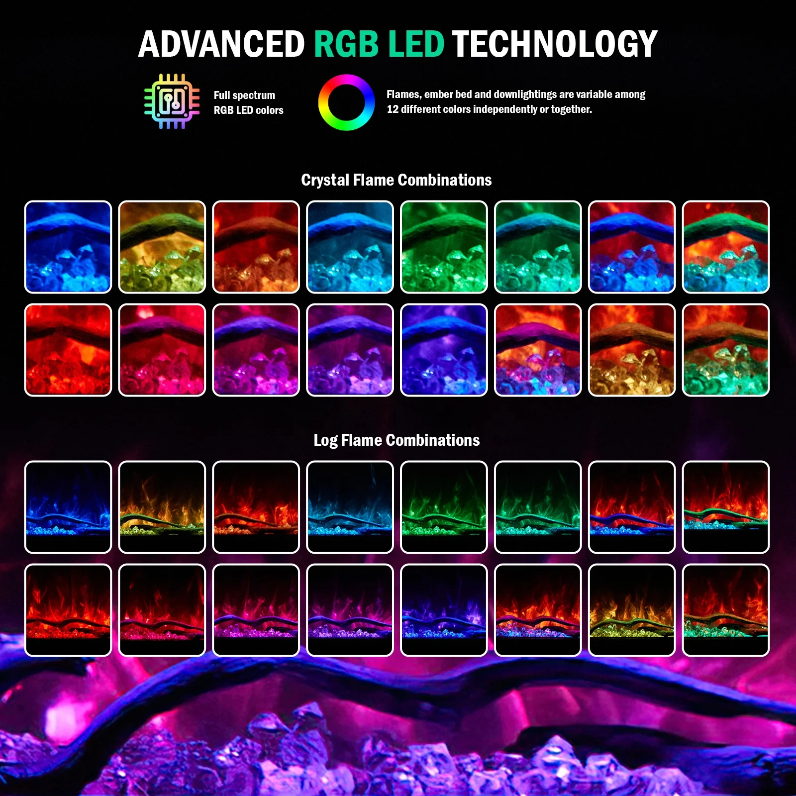 30-80 Inch3D Mirrored Crushed Diamond Fireplace Glowing Ember Bed Realistic LED Flame Insert 3 Sided Mirrored Electric Fireplace