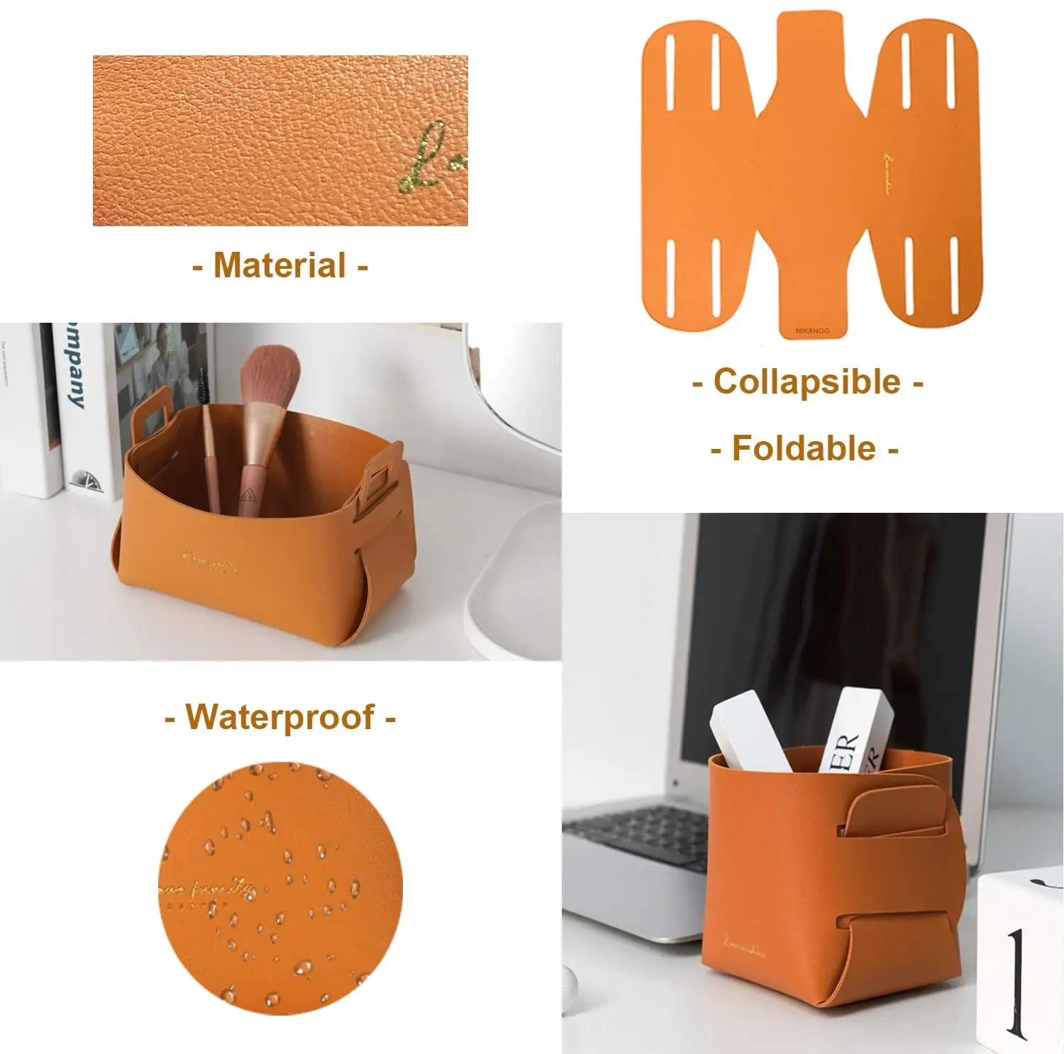 Small Basket Bin Leather Storage Basket, Foldable Shelf Desk Organizer Trays for Living Room, Office, Nursery, Home Decor