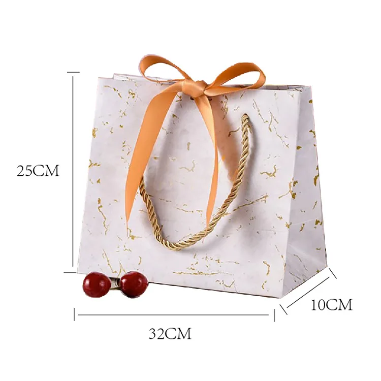 Custom Marbling Thank You Tote Bag Gold Luxury Gift Bag Fancy Wedding Paper Bag with Bow Ribbon