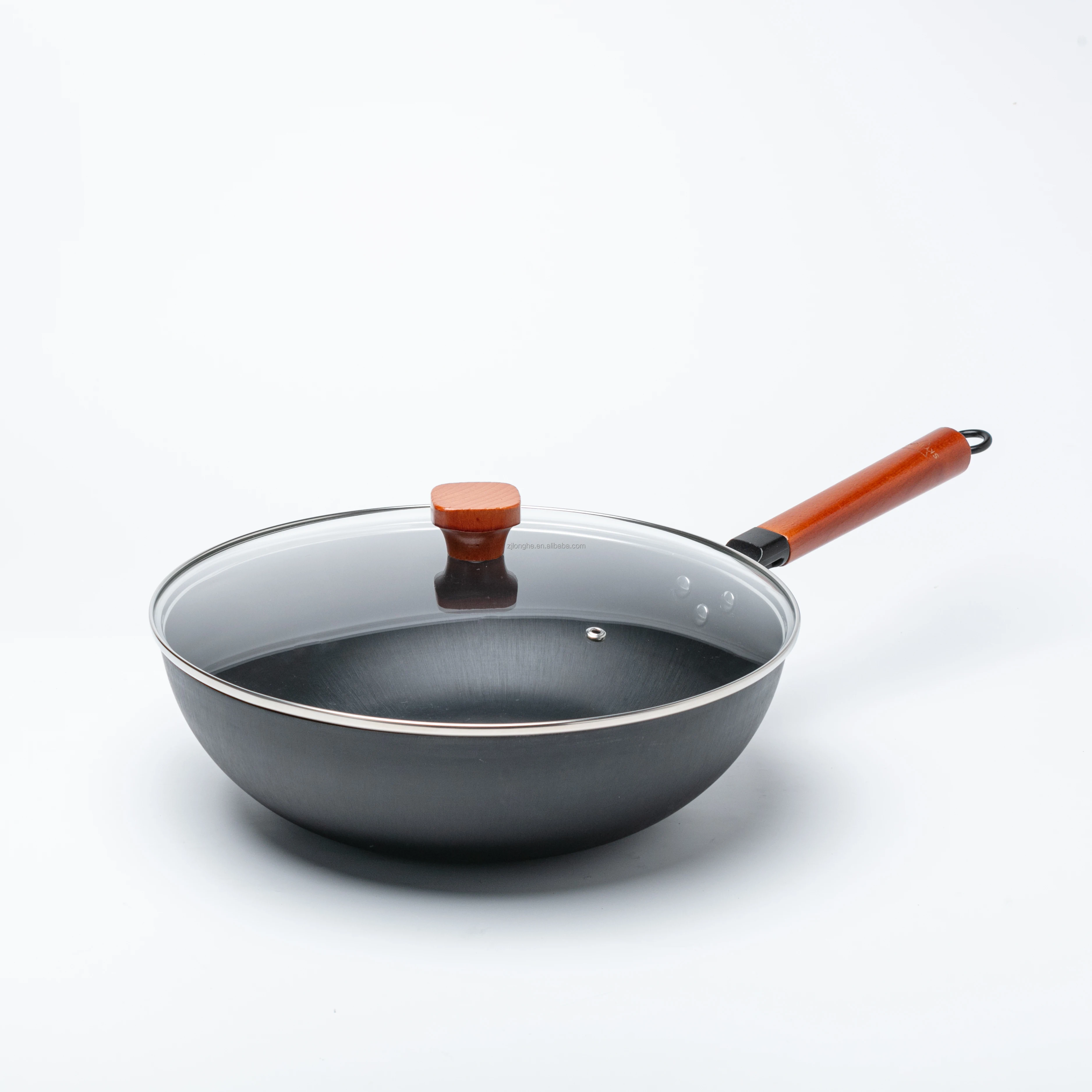 32cm high quality carbon steel wok nitride coating stainless wok with wooden handle and glass cover