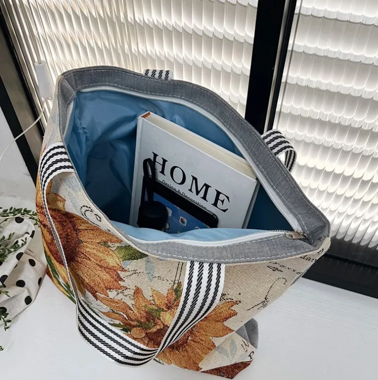 New gold silk cloth bag fashion retro leisure sunflower print canvas shoulder bag creative pattern ladies Tote bag