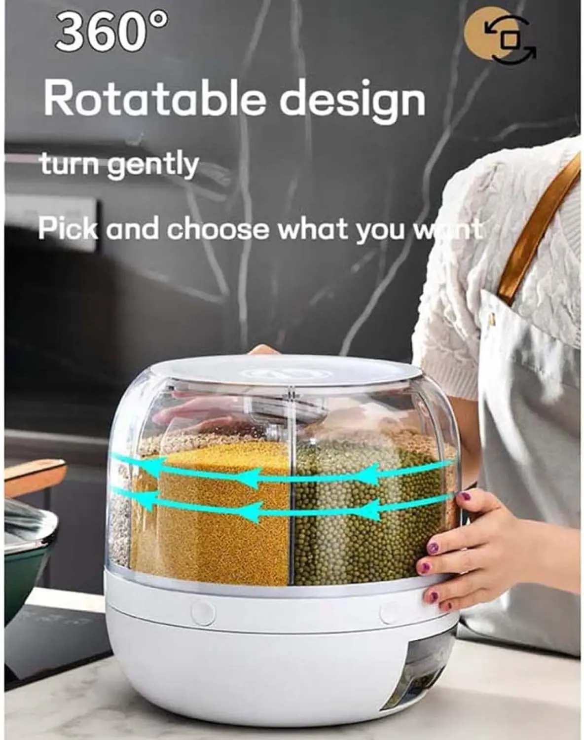Rotating Dry Storage 6 Grid Cereal Storage Container Dispenser Countertop, 13.2lbs Grain Organizer and Dispenser