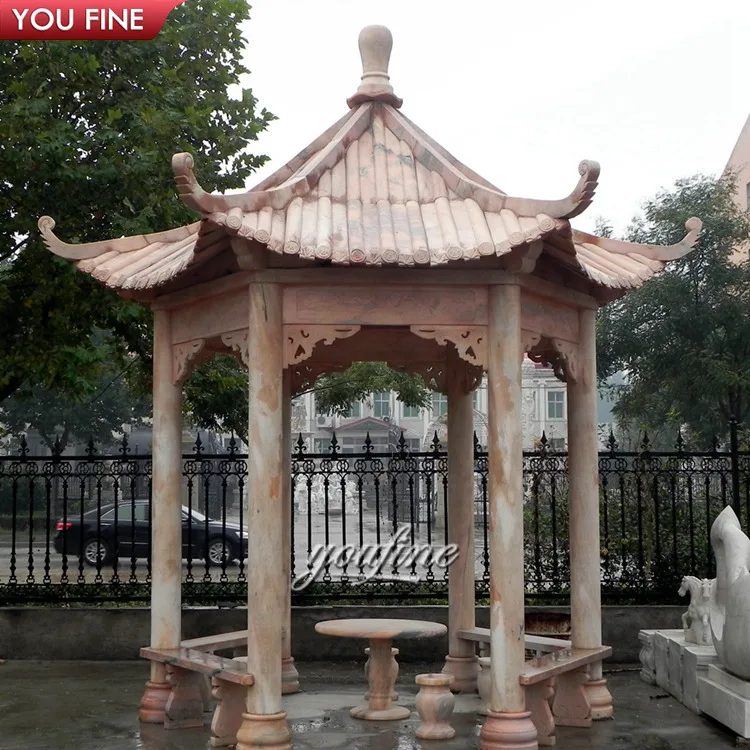 Наружная беседка LargeGarden из натурального камня, ручная резьба, Бежевая мраморная колонна