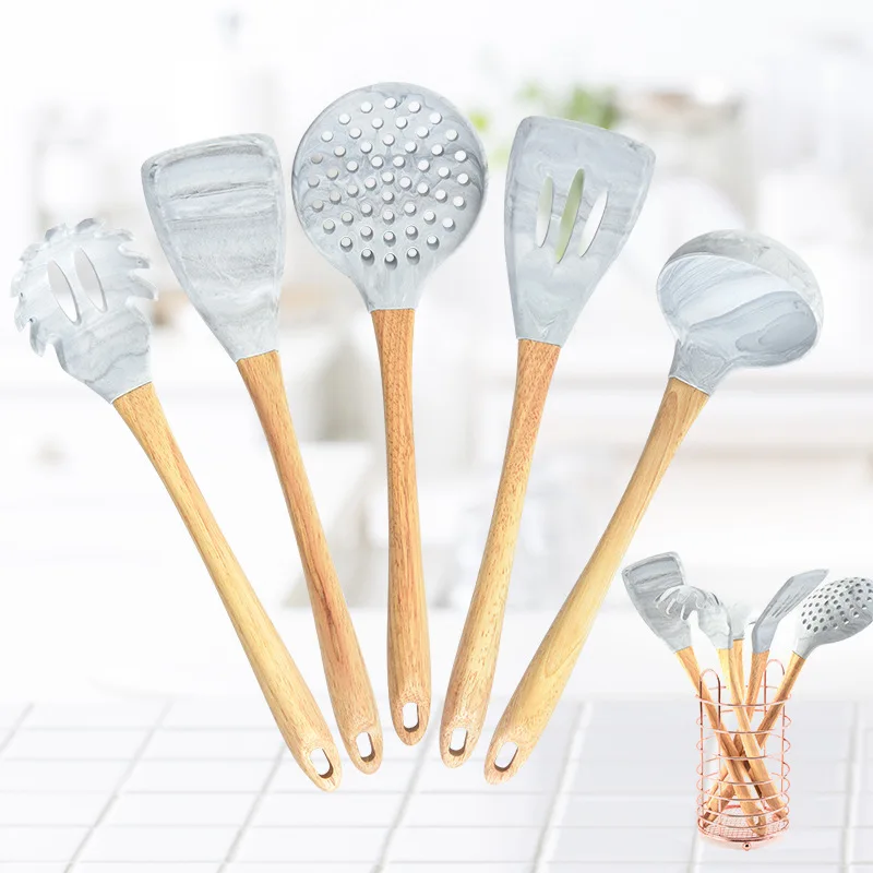 
Kitchen Accessories Kitchenware cooking utensil set Silicone Kitchen Utensil Set With Wooden Handle 