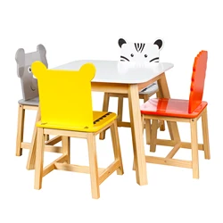 5 Piece Kiddy Table and Chair Set , Kids Wood Table with 4 Chairs Set Cartoon Animals(2-7 years old)