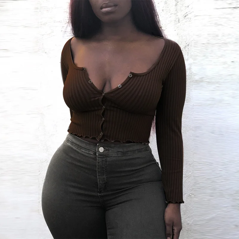 Новая модная Осенняя Дамская обувь сплошной цвет повязки сексуальное платье с длинным рукавом для женщин в рубчик кроп Топ Футболка