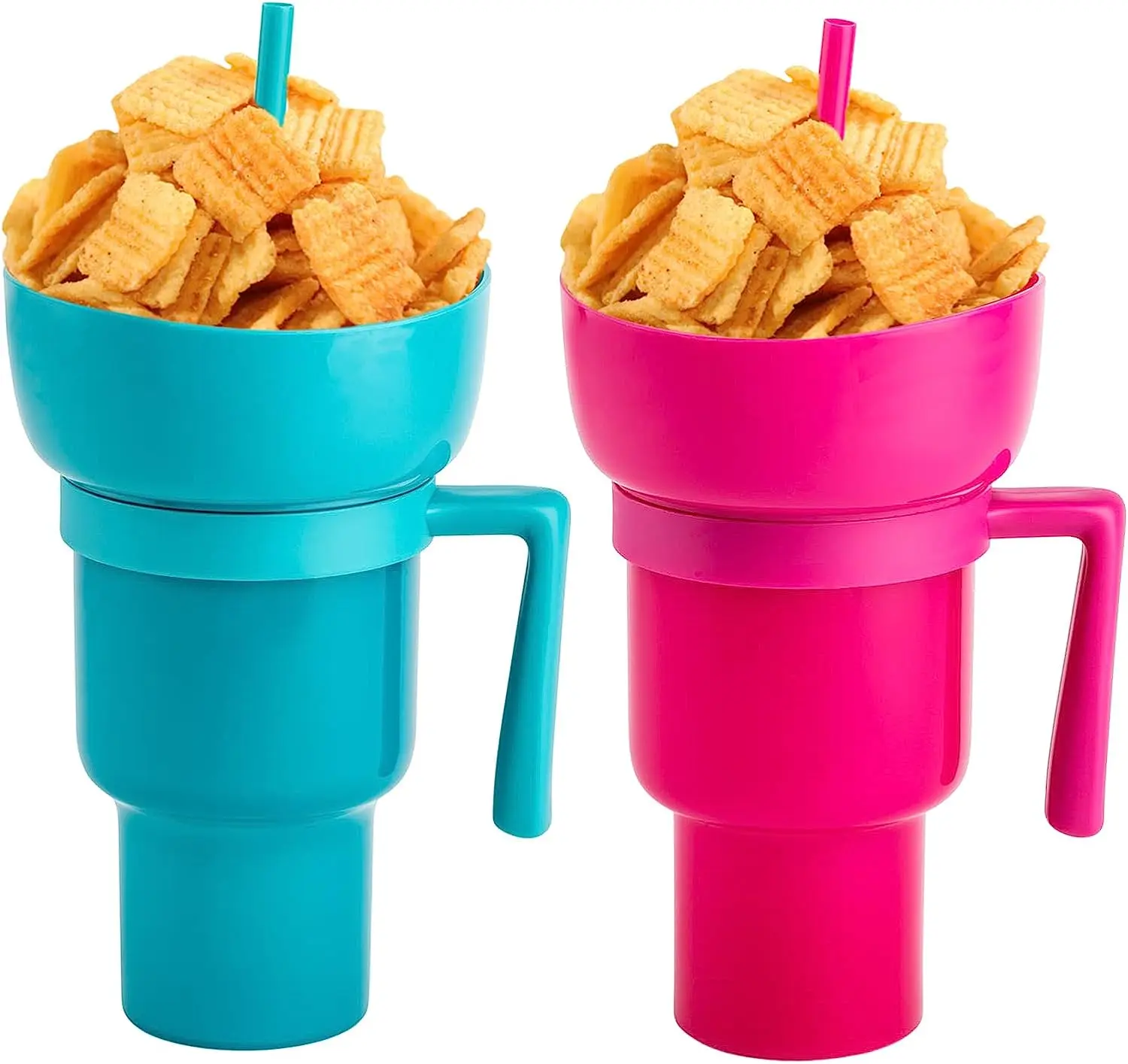 Cinema Stadium Tumbler with Top Bowl for French Fries and Coke 32oz Plastic Drink and Snack Cups with Straws