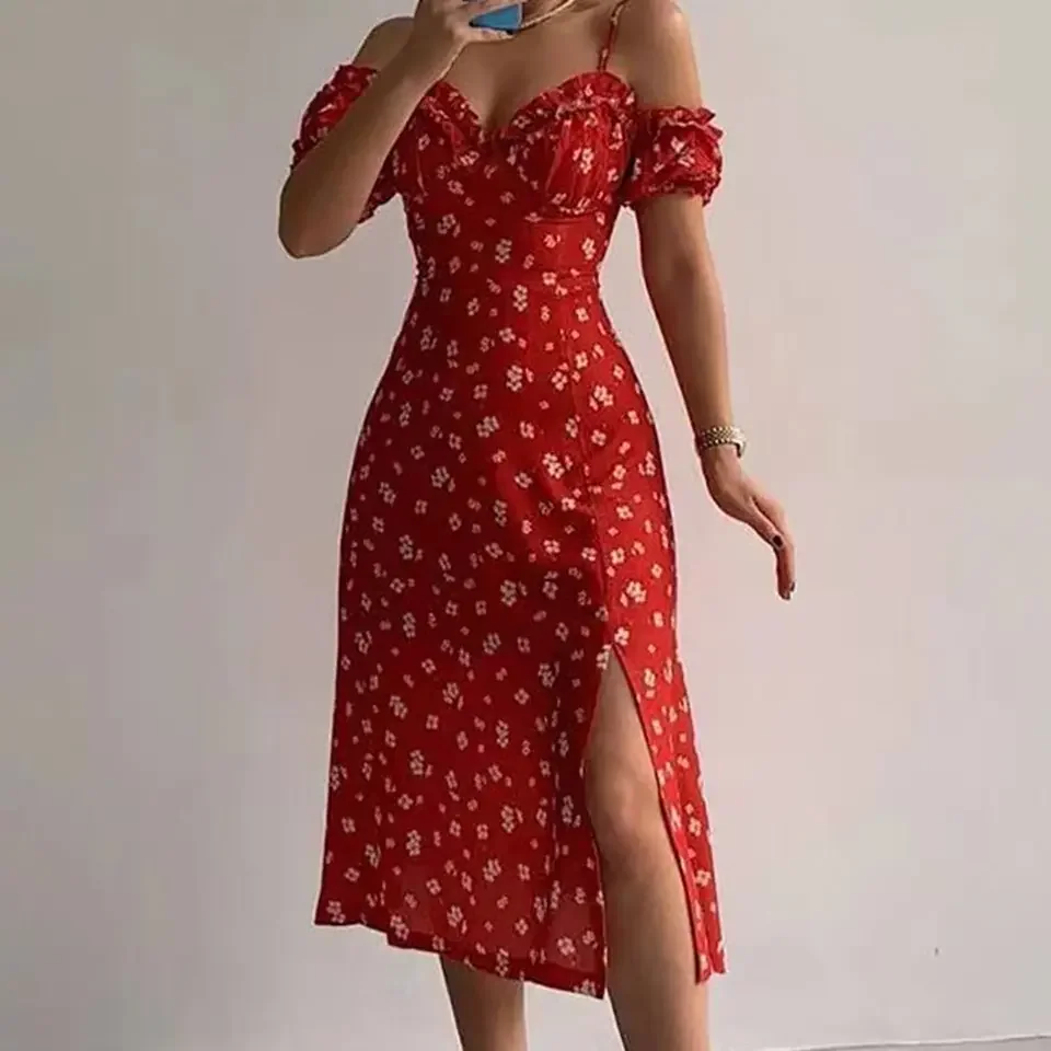 HIgh Quality Summer Print Slit Woman Dress Irregular Off Shoulder Evening Lady Dress