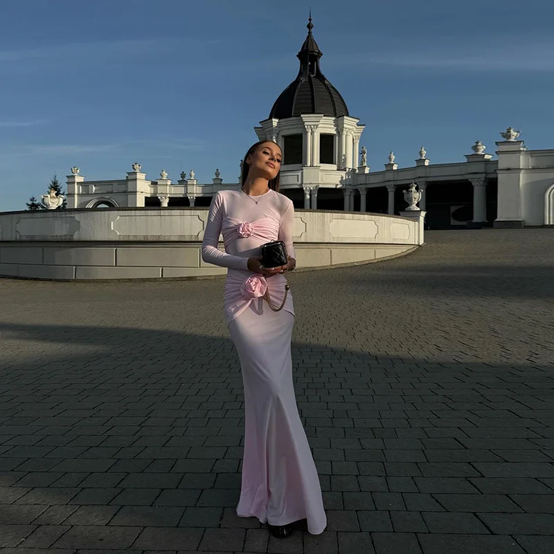 2024 Autumn and winter new sexy tight round neck long dress with pleated floral temperament dress