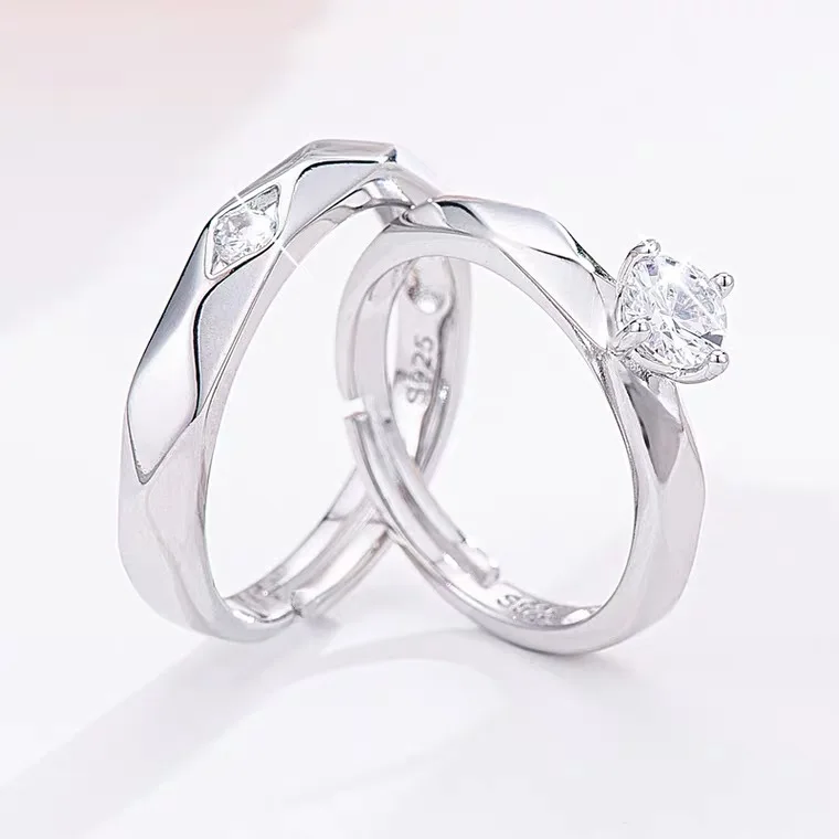 2Pcs/set Cz Cubic Zirconia Couple Promise Enagaement Rings Adjustable Silver Wedding Rings Couple Set for Lovers