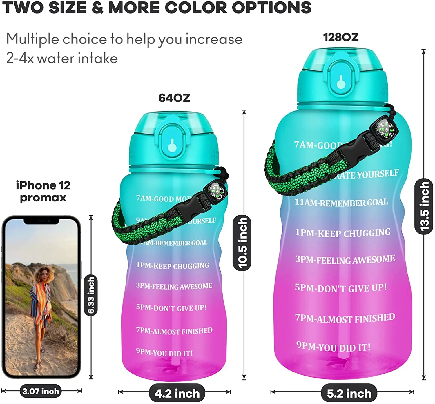 Large Half Gallon/64oz Motivational Water Bottle with Time Marker & Straw,Leakproof Tritan BPA Free Water Jug,Ensure You Drink E