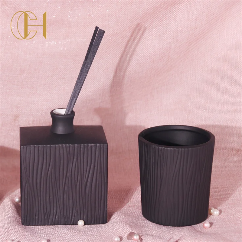 C&H New Style Stripped Hot Sale Reed Diffuser Home Fragrance Wholesale Homeware Ceramic Reed Diffuser And Candle Jar Set