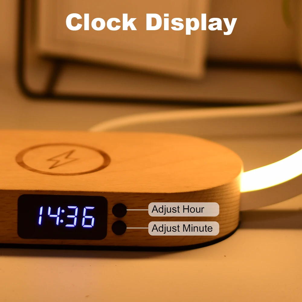 NEW 2023 New Product Wooden Lamp With Wireless Charging Time Display Bedside Night Light