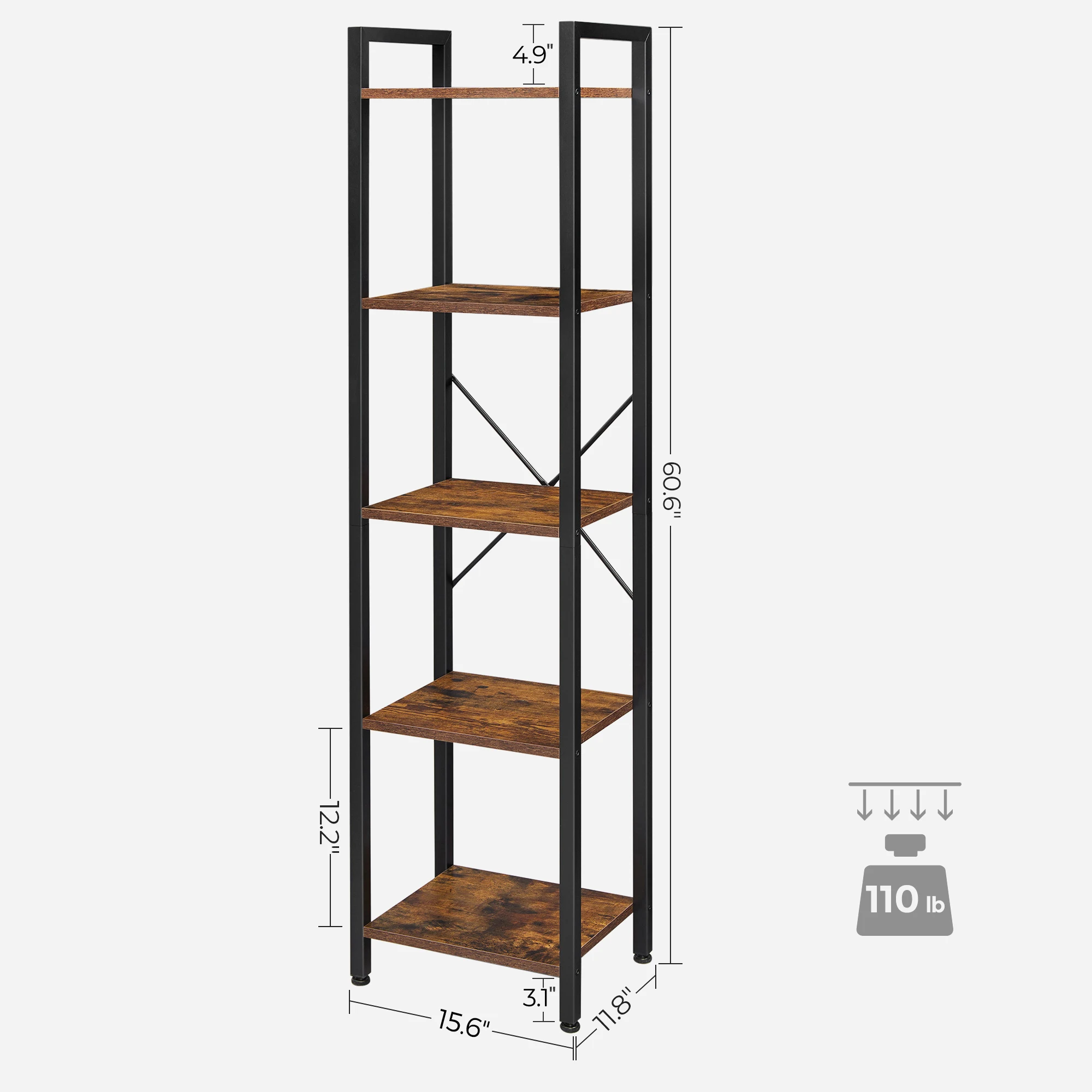 VASAGLE Custom 5 tiers metal frame Organizer Shelving Unit wood bookcase Free Standing ladder storage bookshelf