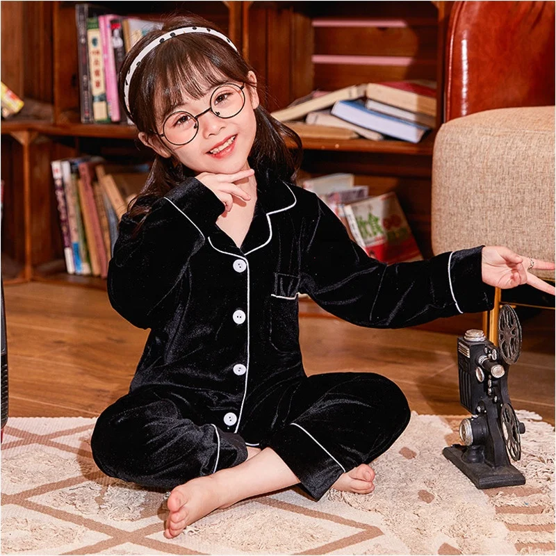 Wholesale Long Sleeves Velvet Kids Girl Pajamas Turn Down Collar With Pocket Children Boy Sleepwear Outfits