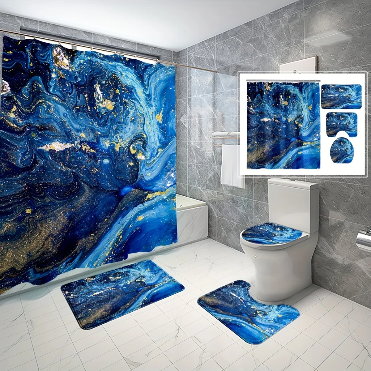 Thicken Digital Printing Blue Marble Print Bathroom Set Waterproof Curtain With 12 Hooks Shower Curtain and Rugs Set