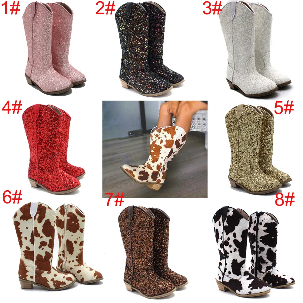 2024 New bling kids boys zipper midi bootie western cowboy heel snow boots children girls winter sequins knight boots