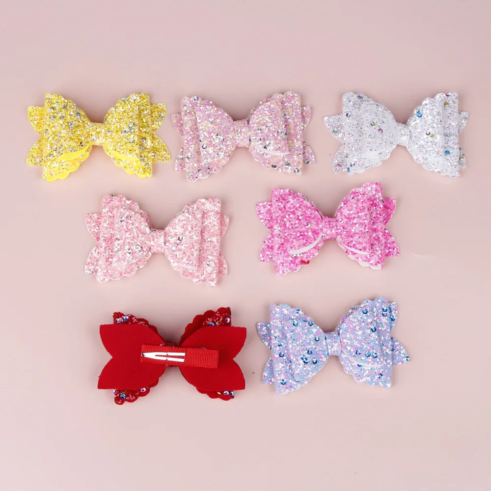 Wholesale 7 Color Three Layer Bow Hair Clip Cute Girl Sequin Bow Hemming Hair Clip