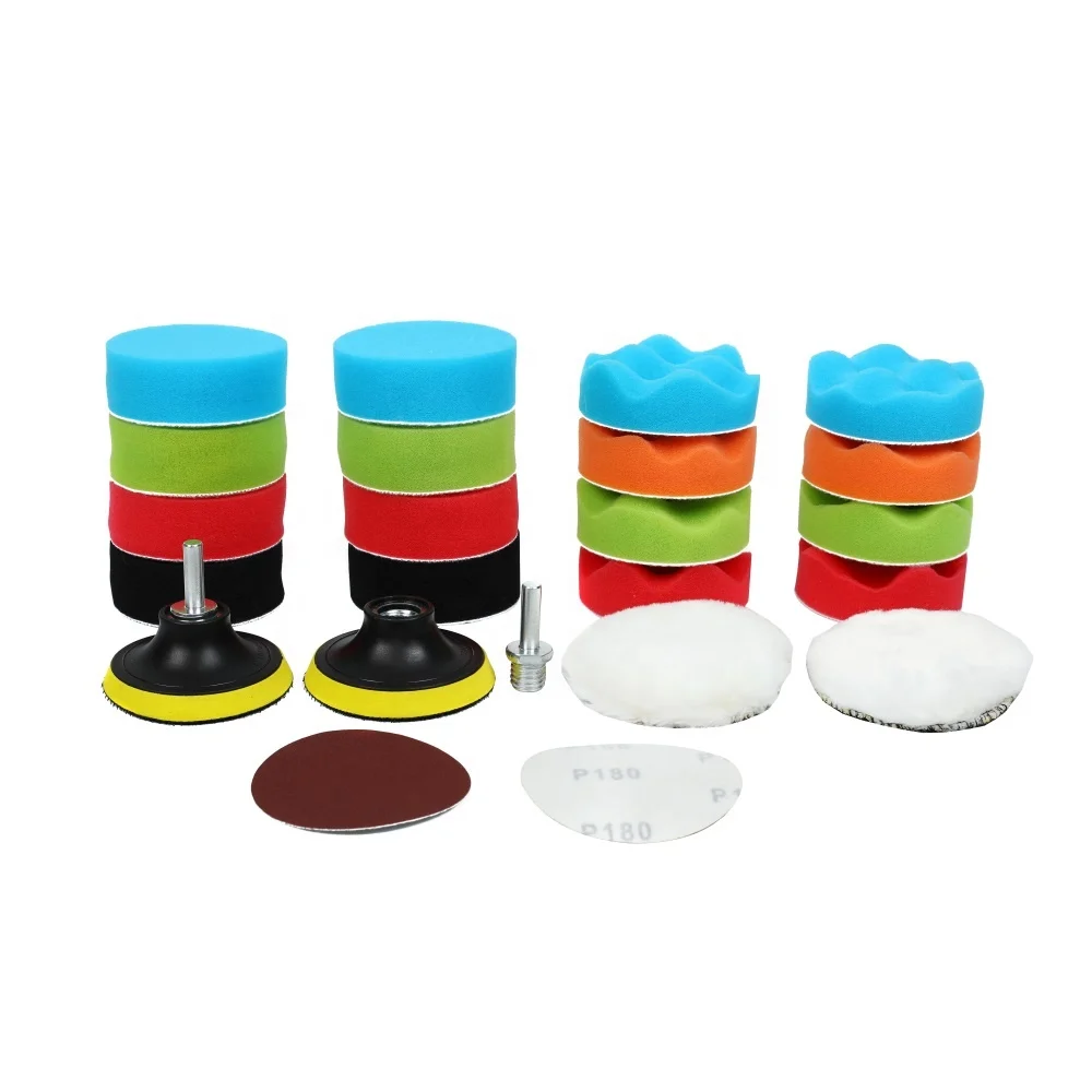 3 Inch 24 Pcs Car Foam Drill Polishing Pad Kit, 3 Inch Buffing Pads,Sponge Set Kit M10 Drill Adapter Car Polisher