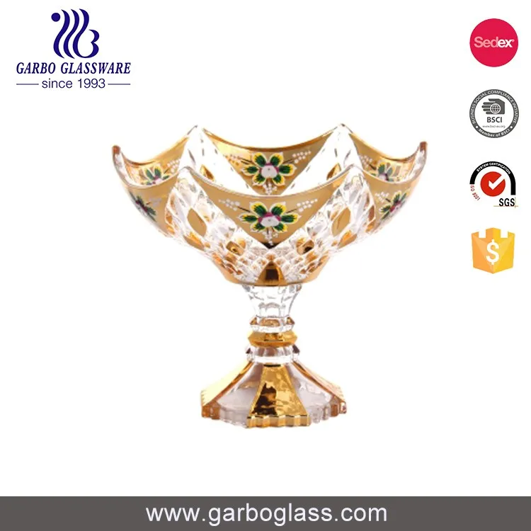 High quality eco-friendly large golden decorative footed glass fruit bowl