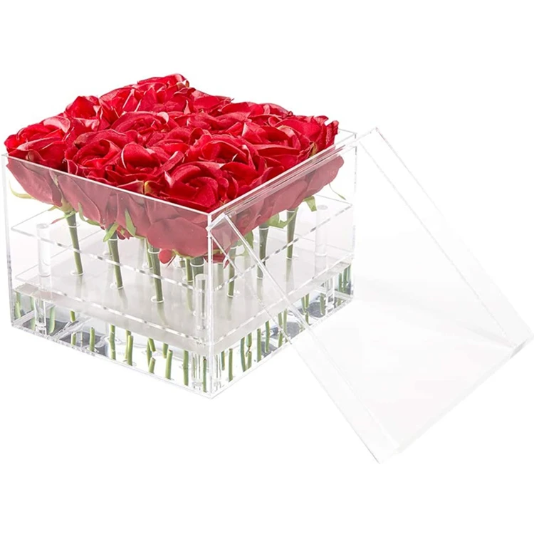 Acrylic Flower Box Water Holder Decorative Square Vase with Removable 2 Tiers 9 Holes  Valentines Day Mothers Day Birthday Gift