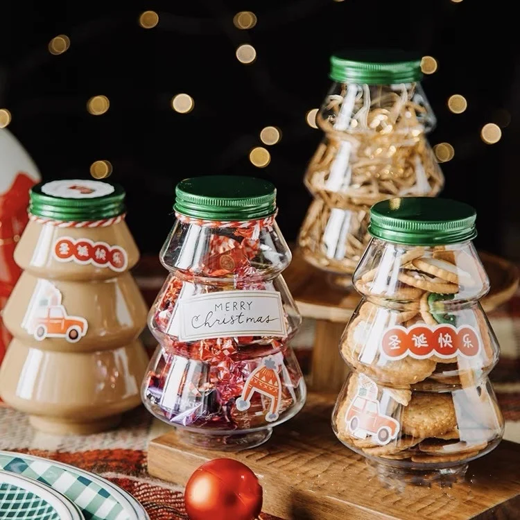 High quality cartoon Christmas tree shape plastic jar for kids friendly