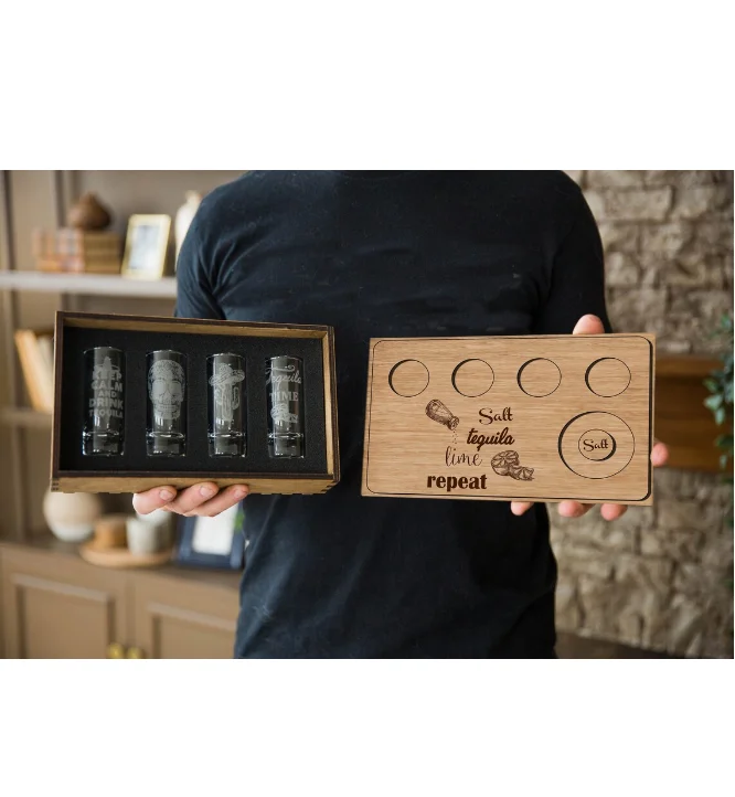 Christmas Wood Gift Glasses Box with Beer Flight Tray Party Wood Wine Glass Box Personalized Tequila Shot Glasses Tray