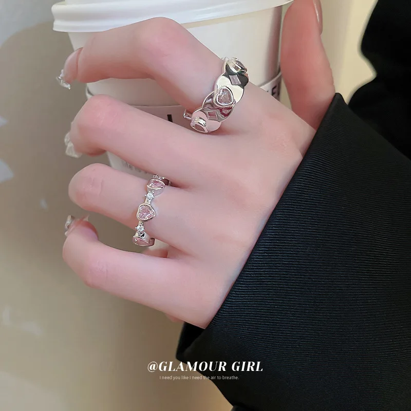 South Korea Zircon Heart-Shaped Open Ring Sweet Personality Design Light Luxury Index Finger Simple All-Matching Graceful