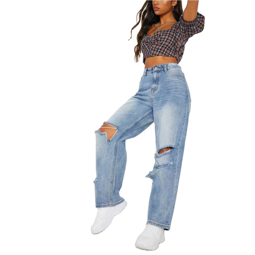 
Baggy distressed boyfriend ripped jean trousers ladies blue high waist pencil jeans for women high waist denim pantalones 