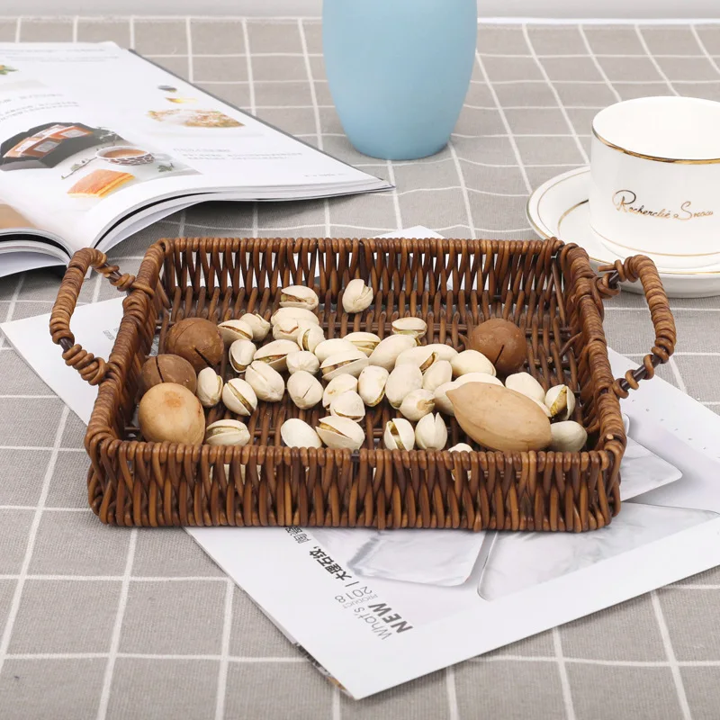 
Square Double Ear Handle Rattan Basket Fruit Household Living Room Snack Storage Basket 