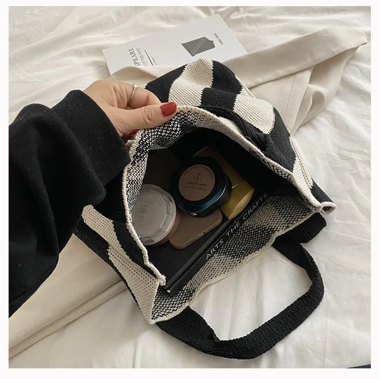 Hangai Factory New Designer Knitted Shoulder Bag Shopping Unique Bag Stripe Tote Handbag