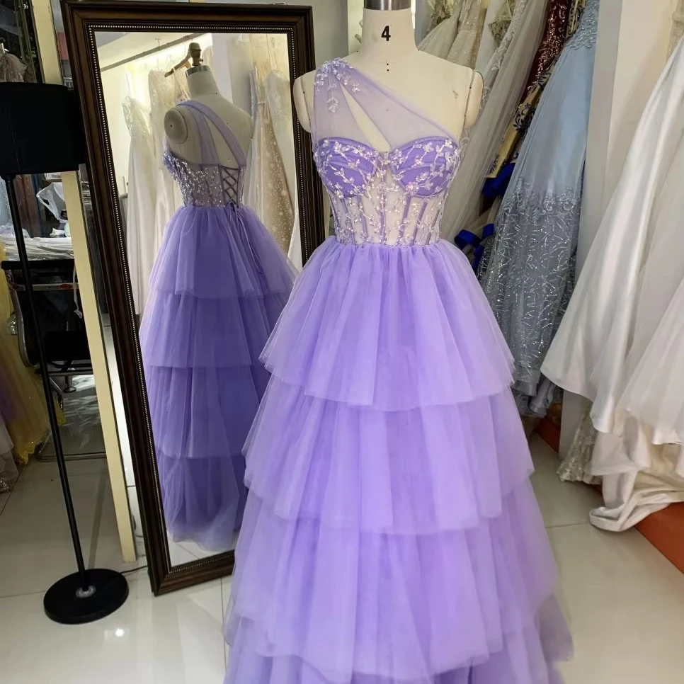 Lilac one shoulder sequin embroidery  corset lace up back  prom dresses 2022 evening gowns princess ball gown with ruffle skirt