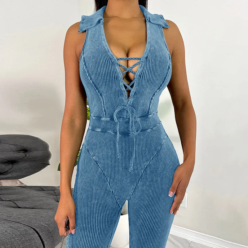 Boutique Clothing Pure Color Ribbed Simulation Denim Sleeveless Lapel Rompers V Neck Fit Jumpsuits For Women