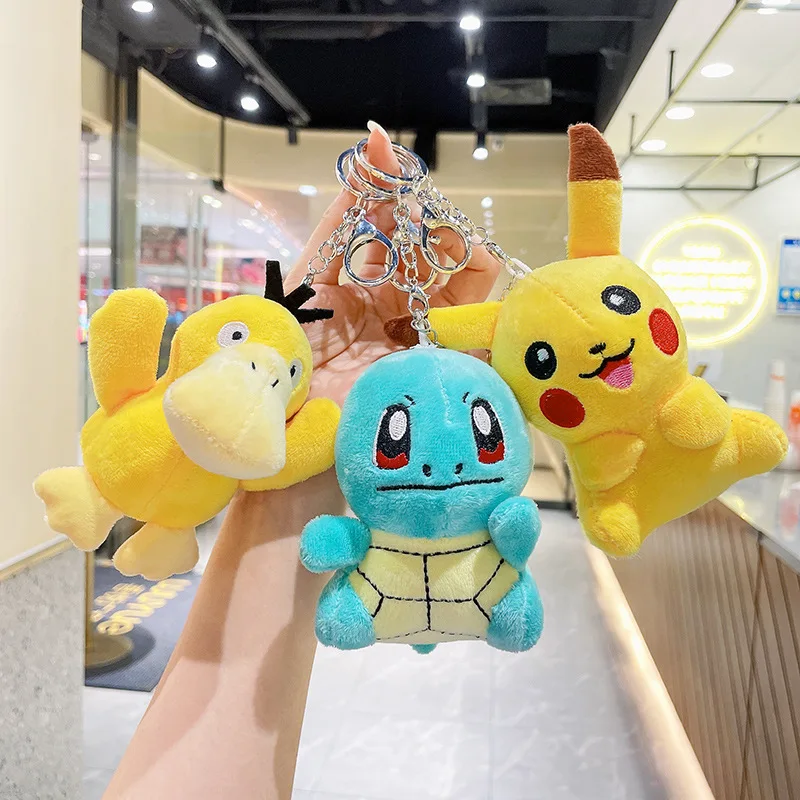 Custom Pokemoned Yellow Duck Anime Plush Pendant Doll Keychains Wholesale Kawaii Bags Cars Plush Keychain Girls Kids Gifts Toys