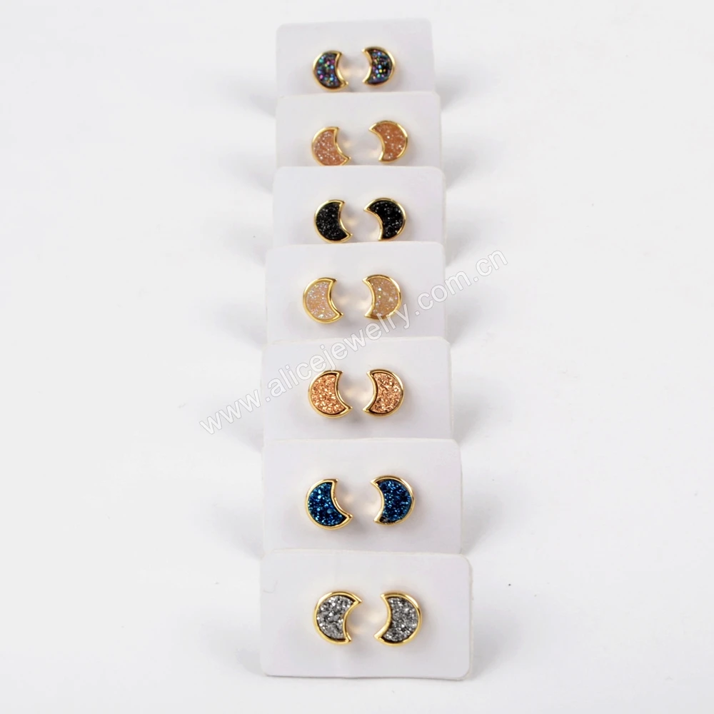 ZG0282 Tiny Gold Moon Shape Druzy Stud Earrings Gold Plated Bezel Druzy Earrings
