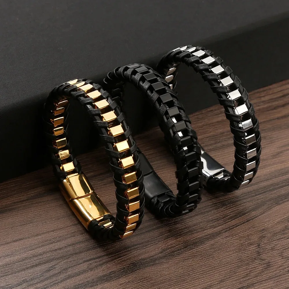 Free samples Wholesale Custom Magnetic Stainless Steel Clasp In Black Premium Genuine Leather Bracelet For Men