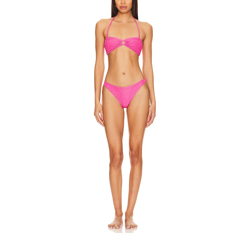 Customized Crinkle Metallic Shiny Swimsuit Teenage Girls Swimwear Women Swimming Bathing Suits Detachable Two Piece Bikini 2024