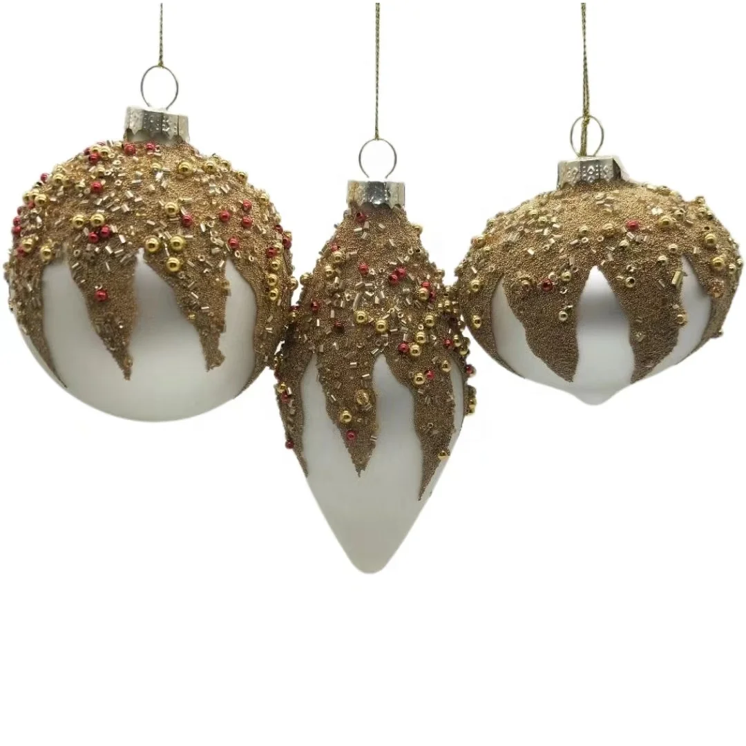 New Christmas tree ornament glass ball white color with hand pasted gold beads design christmas balls for wedding&Xmas